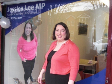 Jessica Lee MP outside her Community Office in Long Eaton